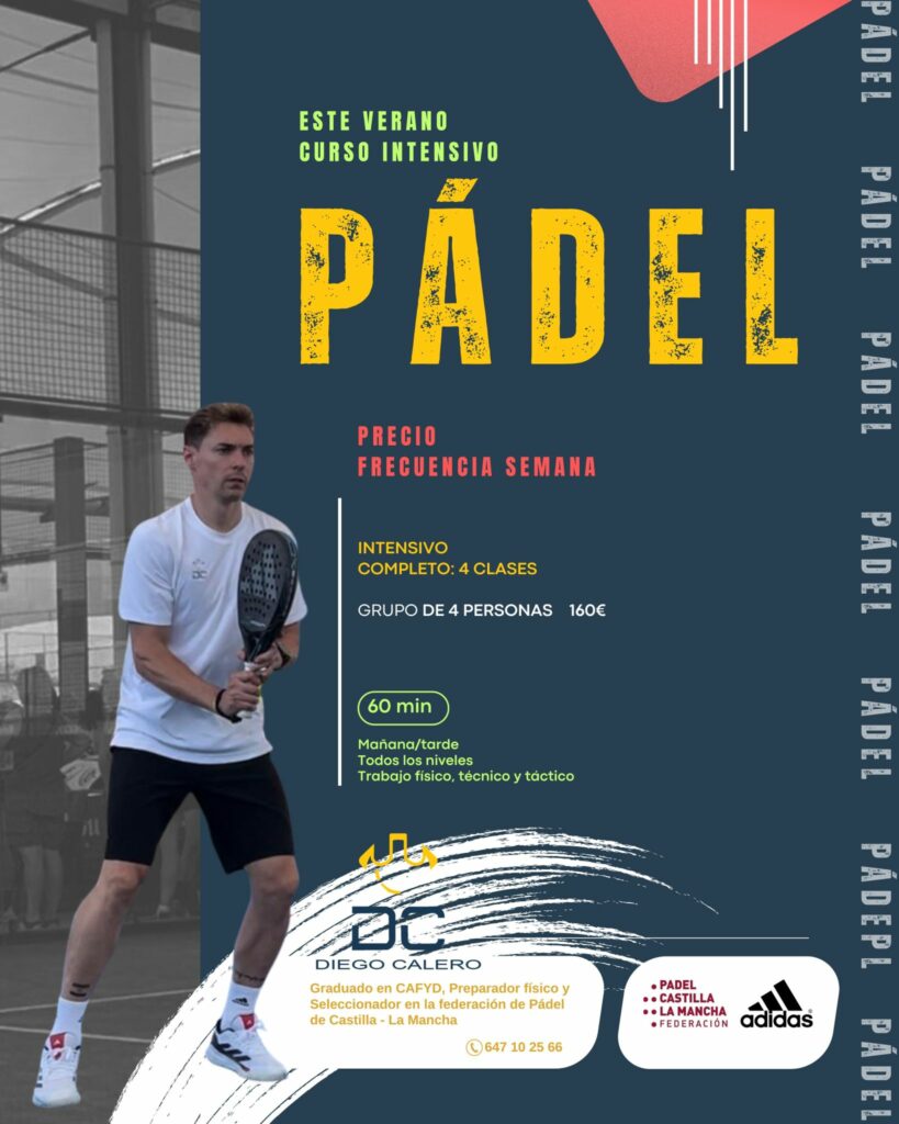 Curso Intensivo de Pádel 2025 – Grupos de 4 personas, niveles de iniciación y perfeccionamiento. Horarios de lunes a viernes, mañana y tarde.